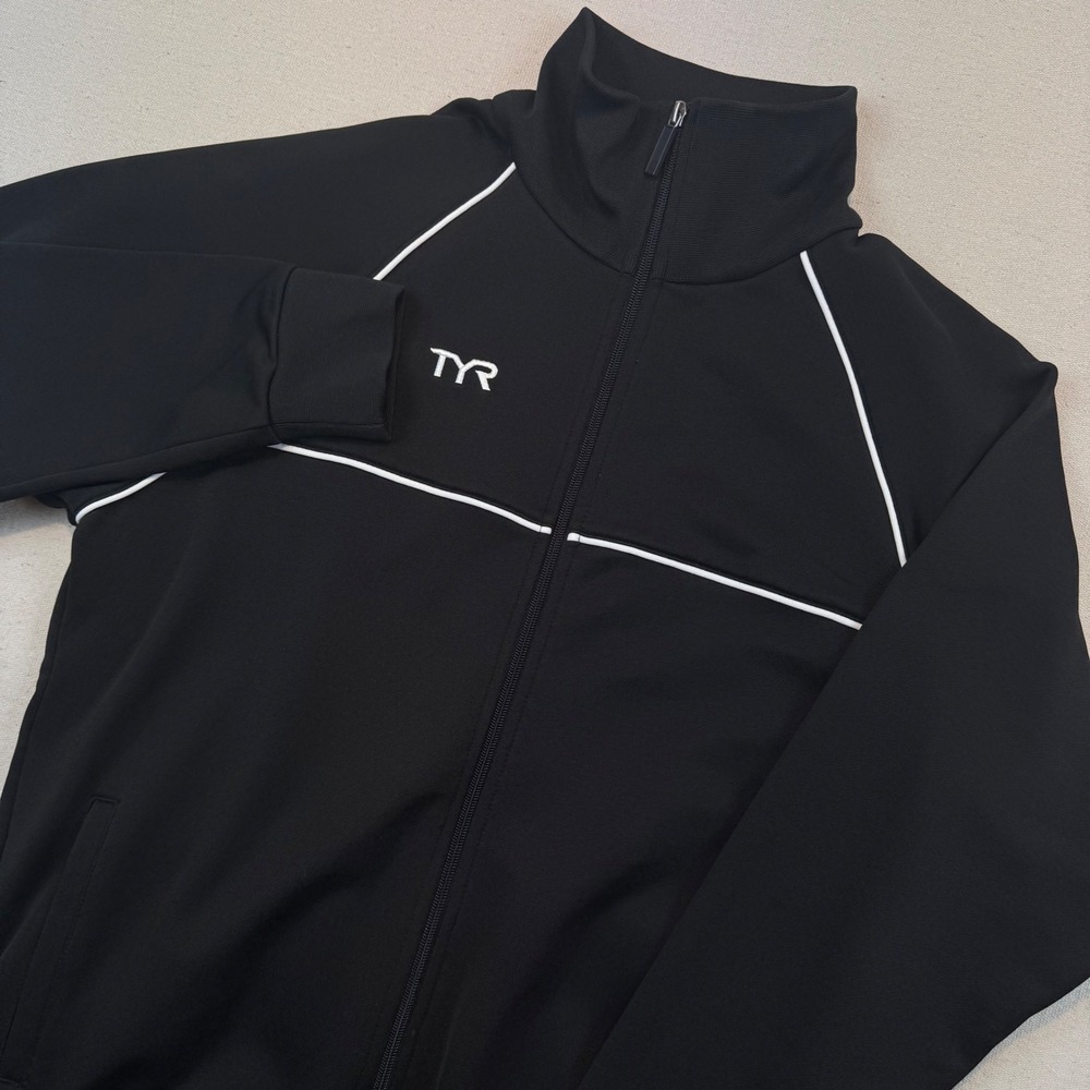TYR Large Track Jacket Mens Black White Piping Full Zip Athletic Warmup